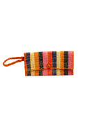 ChiChi Candyland Stripe Multicolor Straw Clutch Bag handmade loomed raffia palm fiber wristlet in even-width bands of orange, saffron yellow, pink, black, navy blue, and natural straw color that create a vertical stripe pattern with orange color cross stitch edging, button & loop closure, and braided wrist strap - Shebobo