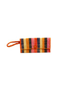 ChiChi Candyland Stripe Multicolor Straw Clutch Bag handmade loomed raffia palm fiber wristlet in even-width bands of orange, saffron yellow, pink, black, navy blue, and natural straw color that create a vertical stripe pattern with orange color cross stitch edging, button & loop closure, and braided wrist strap - Shebobo