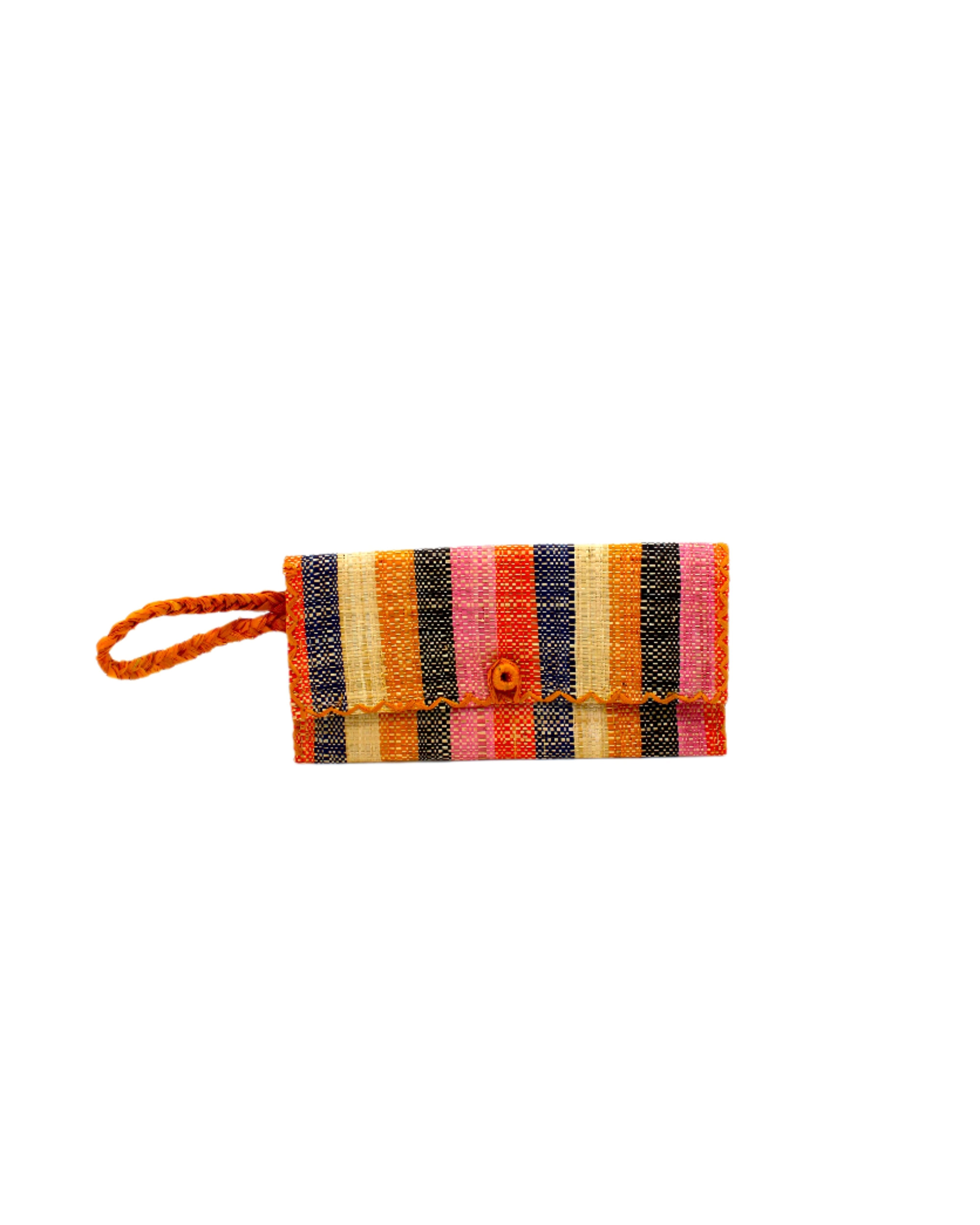 ChiChi Candyland Stripe Multicolor Straw Clutch Bag handmade loomed raffia palm fiber wristlet in even-width bands of orange, saffron yellow, pink, black, navy blue, and natural straw color that create a vertical stripe pattern with orange color cross stitch edging, button & loop closure, and braided wrist strap - Shebobo