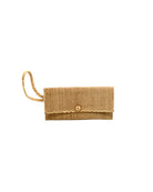 ChiChi Cappuccino Straw Clutch Bag handmade loomed raffia palm fiber wristlet in cappuccino light/brown/beige color with natural straw color cross stitch edging, button & loop closure, and braided wrist strap - Shebobo