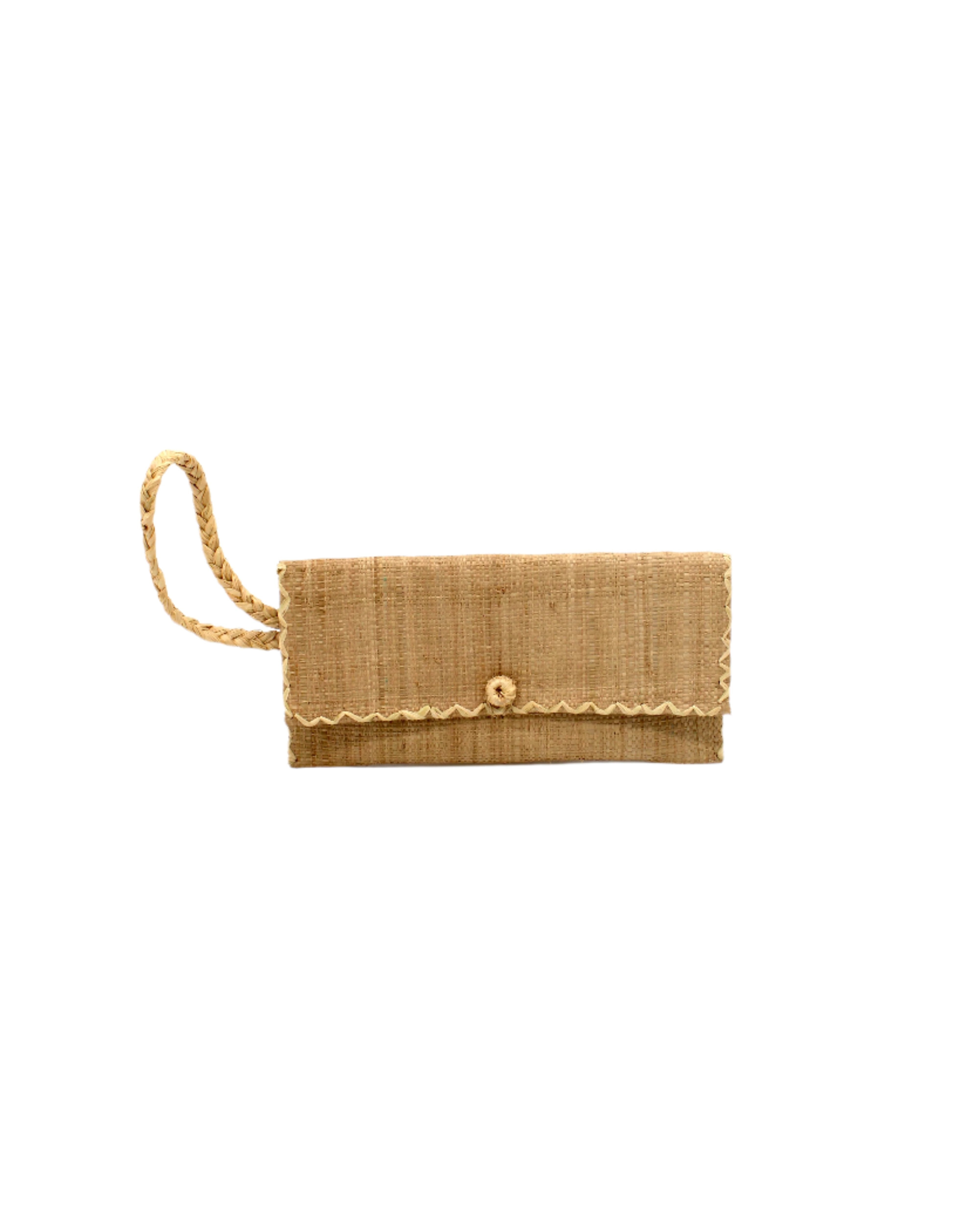 ChiChi Cappuccino Straw Clutch Bag handmade loomed raffia palm fiber wristlet in cappuccino light/brown/beige color with natural straw color cross stitch edging, button & loop closure, and braided wrist strap - Shebobo