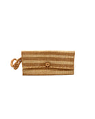 ChiChi Cappuccino Two Tone Stripe Multicolor Straw Clutch Bag handmade loomed raffia palm fiber wristlet in even-width bands of cappuccino light/brown/beige and natural straw color that create a horizontal stripe pattern with matching color cross stitch edging, button & loop closure, and braided wrist strap - Shebobo