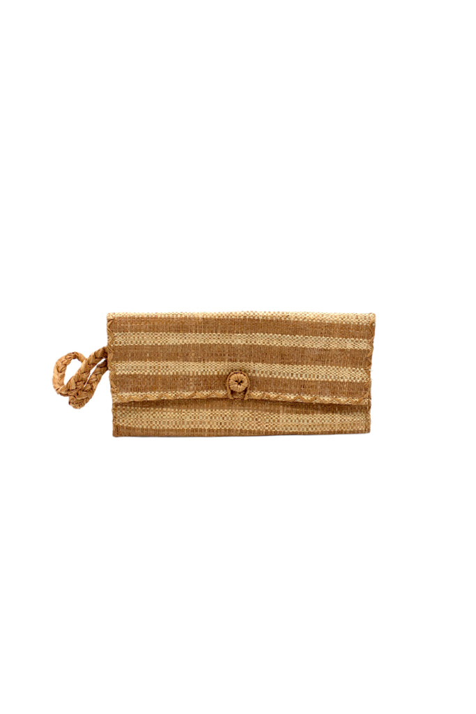 ChiChi Cappuccino Two Tone Stripe Multicolor Straw Clutch Bag handmade loomed raffia palm fiber wristlet in even-width bands of cappuccino light/brown/beige and natural straw color that create a horizontal stripe pattern with matching color cross stitch edging, button & loop closure, and braided wrist strap - Shebobo