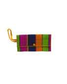 ChiChi Caribbean Swirl Multicolor Straw Clutch Bag handmade loomed raffia palm fiber wristlet in multi-width bands of dark blue, lime green, saffron yellow, and fuchsia pink that create a vertical stripe pattern with saffron color cross stitch edging, button & loop closure, and braided wrist strap - Shebobo