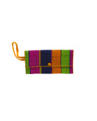 ChiChi Caribbean Swirl Multicolor Straw Clutch Bag handmade loomed raffia palm fiber wristlet in multi-width bands of dark blue, lime green, saffron yellow, and fuchsia pink that create a vertical stripe pattern with saffron color cross stitch edging, button & loop closure, and braided wrist strap - Shebobo