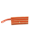 ChiChi Coral Two Tone Stripe Multicolor Straw Clutch Bag handmade loomed raffia palm fiber wristlet in even-width bands of coral orange/red and natural straw color that create a horizontal stripe pattern with matching color cross stitch edging, button & loop closure, and braided wrist strap - Shebobo
