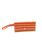 ChiChi Coral Two Tone Stripe Multicolor Straw Clutch Bag handmade loomed raffia palm fiber wristlet in even-width bands of coral orange/red and natural straw color that create a horizontal stripe pattern with matching color cross stitch edging, button & loop closure, and braided wrist strap - Shebobo