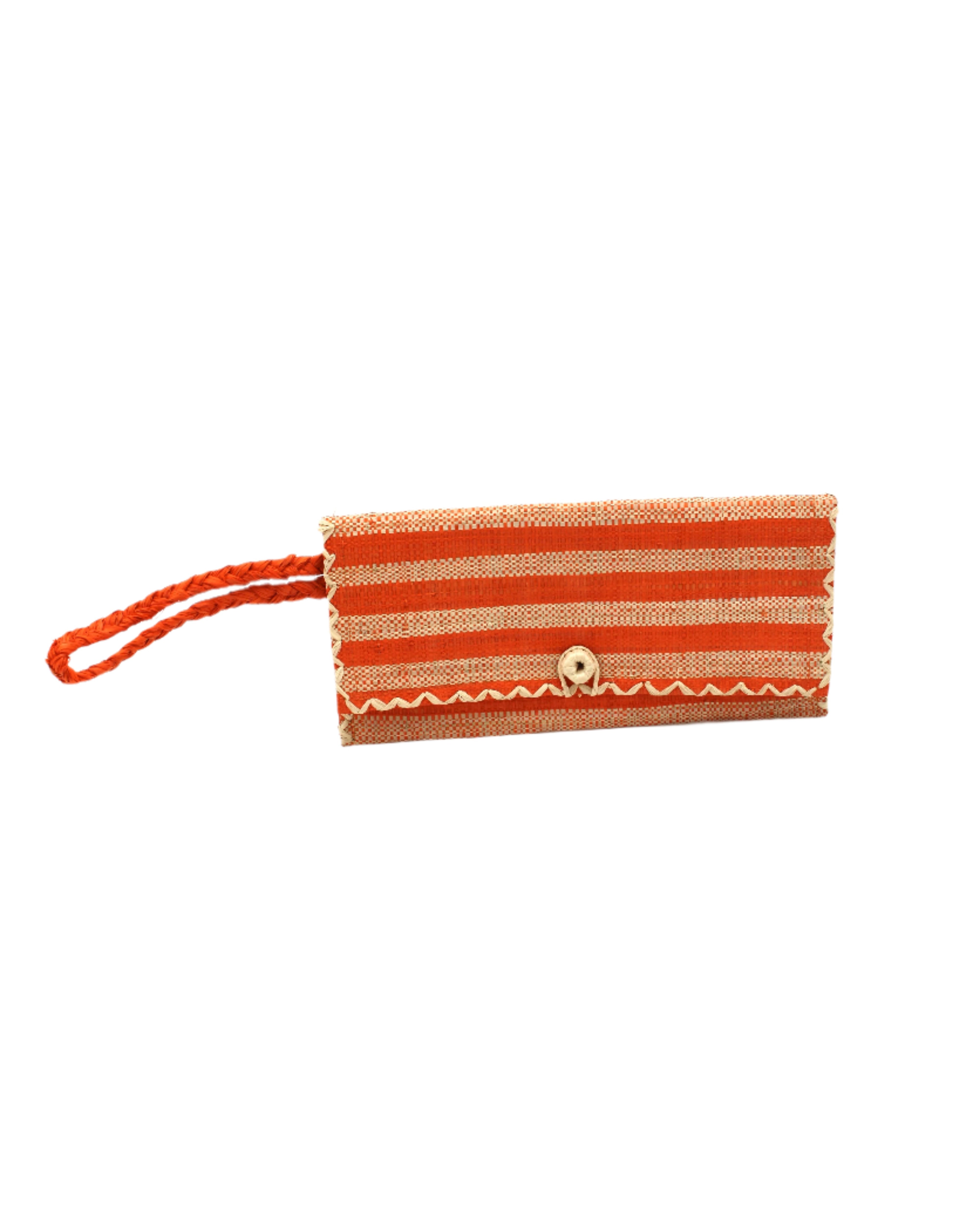 ChiChi Coral Two Tone Stripe Multicolor Straw Clutch Bag handmade loomed raffia palm fiber wristlet in even-width bands of coral orange/red and natural straw color that create a horizontal stripe pattern with matching color cross stitch edging, button & loop closure, and braided wrist strap - Shebobo