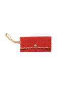 ChiChi Coral Straw Clutch Bag handmade loomed raffia palm fiber wristlet in coral orange/red color with natural straw color cross stitch edging, button & loop closure, and braided wrist strap - Shebobo