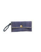 ChiChi Denim Straw Clutch Bag handmade loomed raffia palm fiber wristlet in denim retro/light/blue color with natural straw color cross stitch edging, button & loop closure, and braided wrist strap - Shebobo