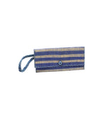 ChiChi Denim Two Tone Stripe Multicolor Straw Clutch Bag handmade loomed raffia palm fiber wristlet in even-width bands of denim retro/light/blue and natural straw color that create a horizontal stripe pattern with matching color cross stitch edging, button & loop closure, and braided wrist strap - Shebobo