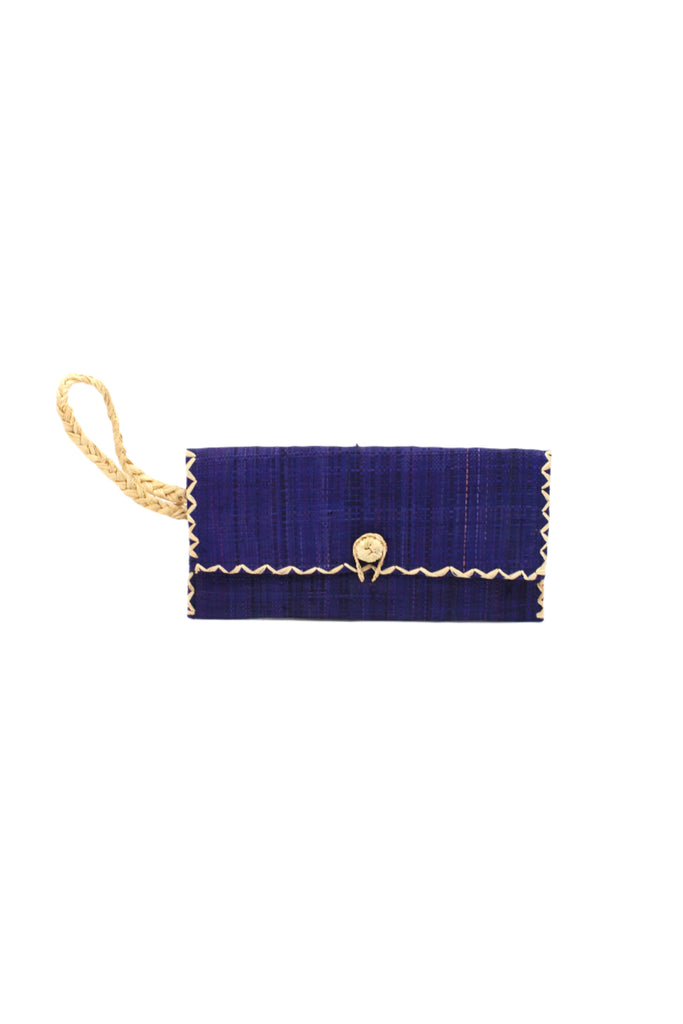 ChiChi Dusk Straw Clutch Bag handmade loomed raffia palm fiber wristlet in dusk dark/blue color with natural straw color cross stitch edging, button & loop closure, and braided wrist strap - Shebobo