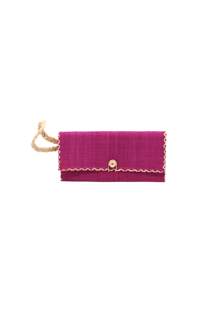 ChiChi Fuchsia Straw Clutch Bag handmade loomed raffia palm fiber wristlet in fuchsia hot/bright/barbie/pink color with natural straw color cross stitch edging, button & loop closure, and braided wrist strap - Shebobo