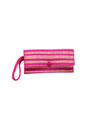 ChiChi Fuchsia Two Tone Stripe Multicolor Straw Clutch Bag handmade loomed raffia palm fiber wristlet in even-width bands of fuchsia hot/bright/barbie/pink and natural straw color that create a horizontal stripe pattern with matching color cross stitch edging, button & loop closure, and braided wrist strap - Shebobo