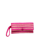 ChiChi Fuchsia Two Tone Stripe Multicolor Straw Clutch Bag handmade loomed raffia palm fiber wristlet in even-width bands of fuchsia hot/bright/barbie/pink and natural straw color that create a horizontal stripe pattern with matching color cross stitch edging, button & loop closure, and braided wrist strap - Shebobo