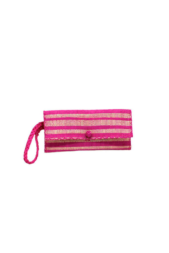 ChiChi Fuchsia Two Tone Stripe Multicolor Straw Clutch Bag handmade loomed raffia palm fiber wristlet in even-width bands of fuchsia hot/bright/barbie/pink and natural straw color that create a horizontal stripe pattern with matching color cross stitch edging, button & loop closure, and braided wrist strap - Shebobo