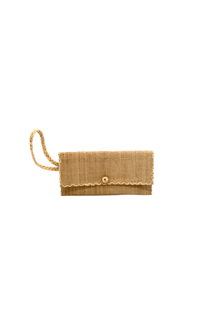 ChiChi Cappuccino Straw Clutch Bag handmade loomed raffia palm fiber wristlet in cappuccino light/brown/beige color with natural straw color cross stitch edging, button & loop closure, and braided wrist strap - Shebobo