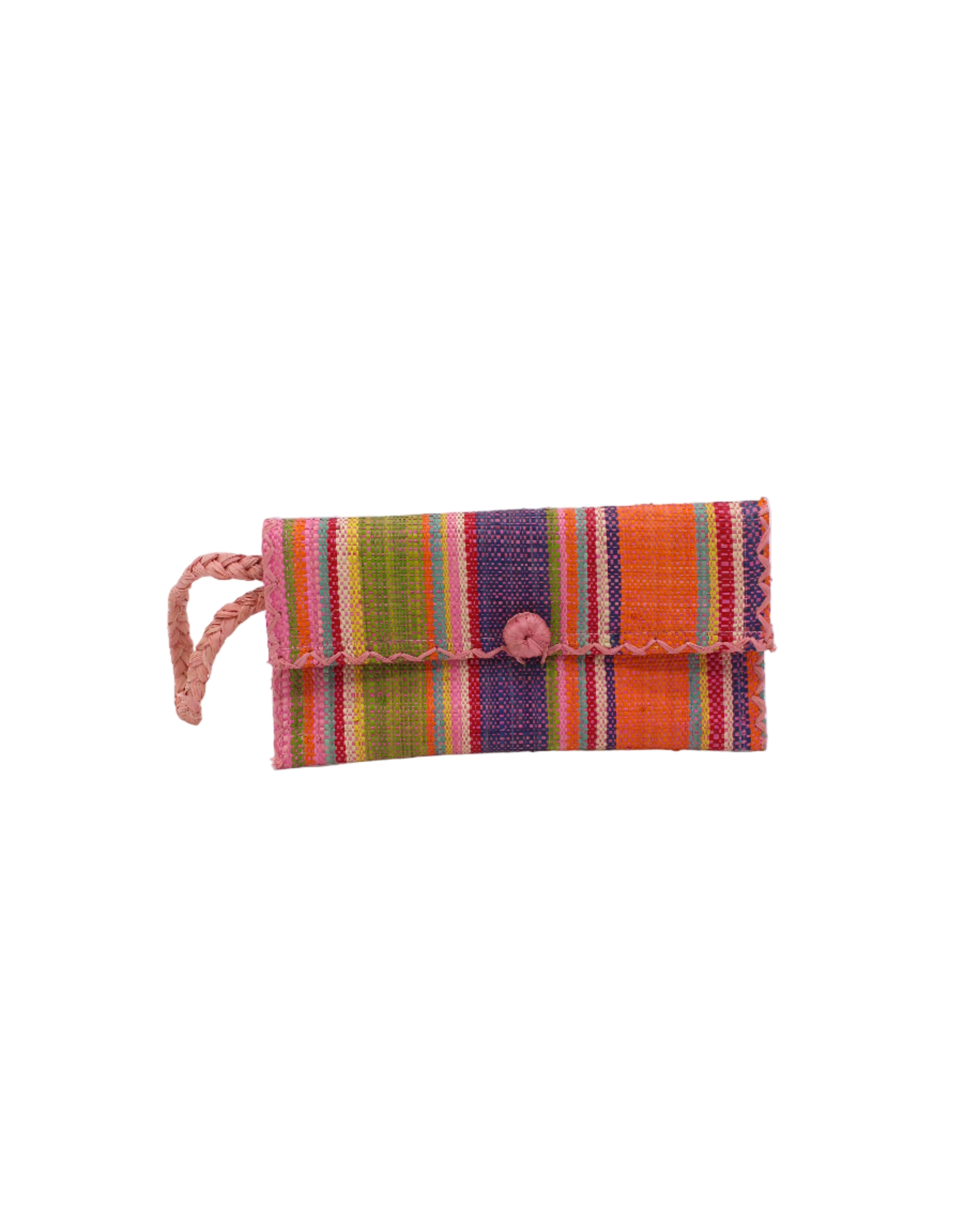 ChiChi Raspberry Swirl Multicolor Straw Clutch Bag handmade loomed raffia palm fiber wristlet in multi-width bands of light blue, light/baby pink, saffron orange/yellow, red, lime green, natural straw color, dark blue, and fuchsia pink that create a vertical stripe pattern with red color cross stitch edging, button & loop closure, and braided wrist strap - Shebobo