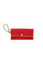 ChiChi Red Straw Clutch Bag handmade loomed raffia palm fiber wristlet in red color with natural straw color cross stitch edging, button & loop closure, and braided wrist strap - Shebobo