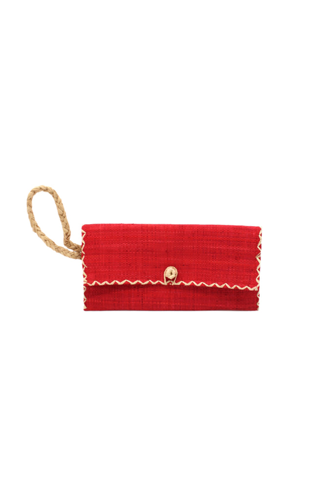 ChiChi Red Straw Clutch Bag handmade loomed raffia palm fiber wristlet in red color with natural straw color cross stitch edging, button & loop closure, and braided wrist strap - Shebobo