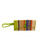 ChiChi Rio Swirl Multicolor Straw Clutch Bag handmade loomed raffia palm fiber wristlet in multi-width bands of lime green, cappuccino light/brown/beige, purple, navy dark/blue, saffron orange/yellow, red, and natural straw color that create a vertical stripe pattern with lime green color cross stitch edging, button & loop closure, and braided wrist strap - Shebobo