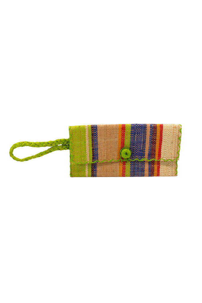 ChiChi Rio Swirl Multicolor Straw Clutch Bag handmade loomed raffia palm fiber wristlet in multi-width bands of lime green, cappuccino light/brown/beige, purple, navy dark/blue, saffron orange/yellow, red, and natural straw color that create a vertical stripe pattern with lime green color cross stitch edging, button & loop closure, and braided wrist strap - Shebobo