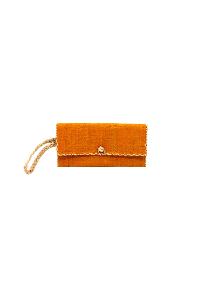 ChiChi Saffron Straw Clutch Bag handmade loomed raffia palm fiber wristlet in saffron yellow/orange color with natural straw color cross stitch edging, button & loop closure, and braided wrist strap - Shebobo