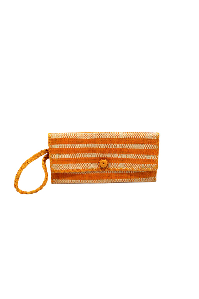 ChiChi Saffron Two Tone Stripe Multicolor Straw Clutch Bag handmade loomed raffia palm fiber wristlet in even-width bands of saffron yellow/orange and natural straw color that create a horizontal stripe pattern with matching color cross stitch edging, button & loop closure, and braided wrist strap - Shebobo