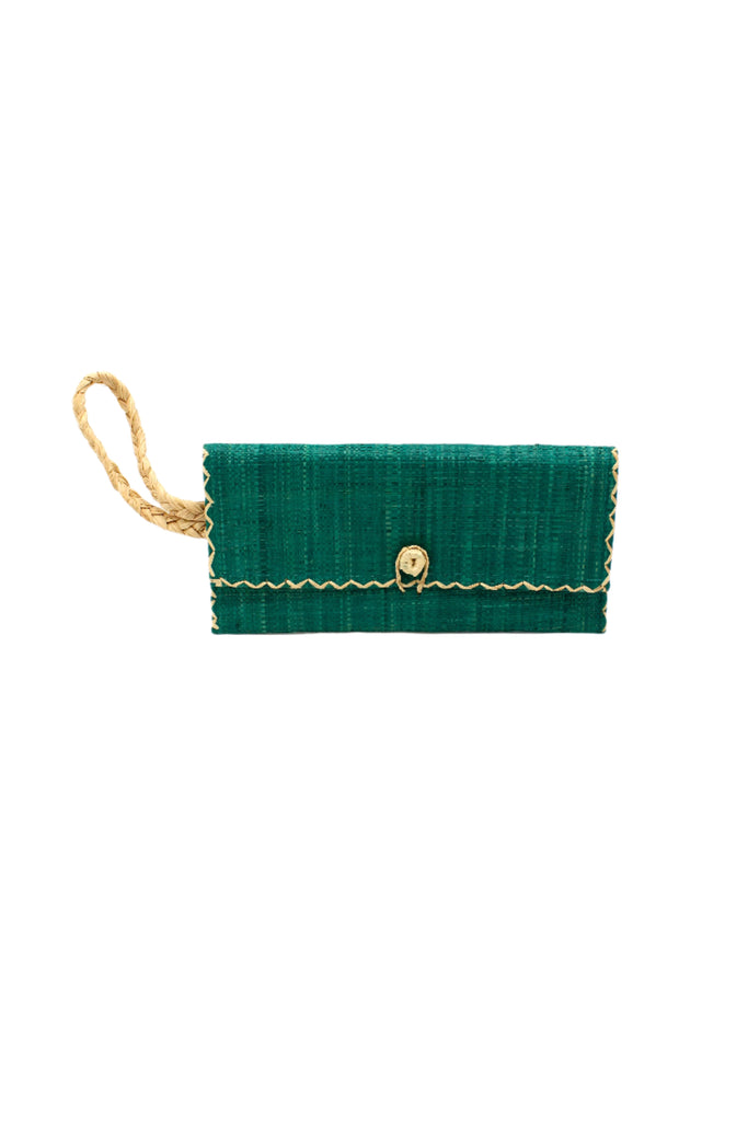 ChiChi Teal Straw Clutch Bag handmade loomed raffia palm fiber wristlet in teal blue/green color with natural straw color cross stitch edging, button & loop closure, and braided wrist strap - Shebobo