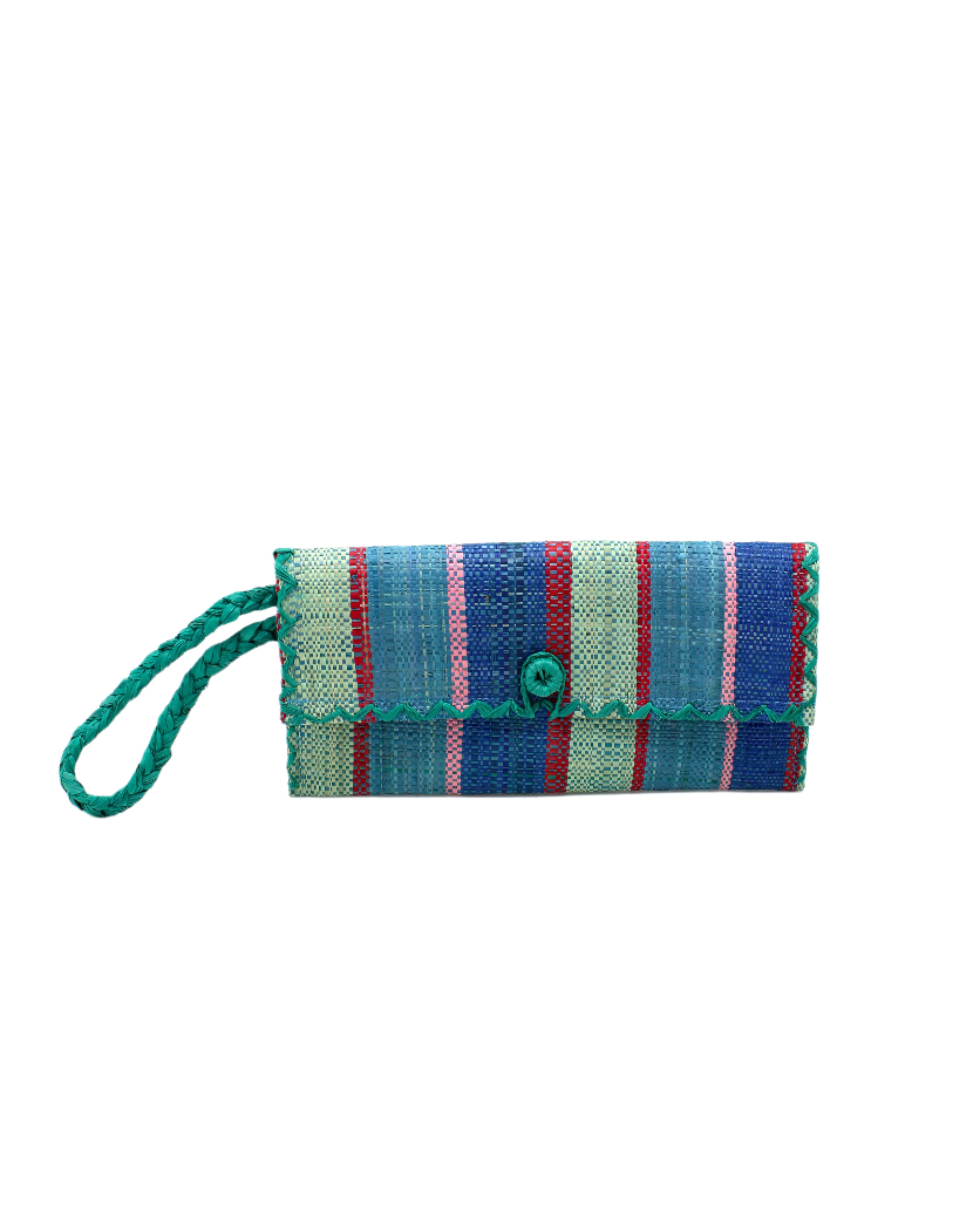 ChiChi Teal Swirl Multicolor Straw Clutch Bag handmade loomed raffia palm fiber wristlet in multi-width bands of teal dark/blue/green, seafoam light/blue/green, navy dark blue, red, and fuchsia pink that create a vertical stripe pattern with teal color cross stitch edging, button & loop closure, and braided wrist strap - Shebobo