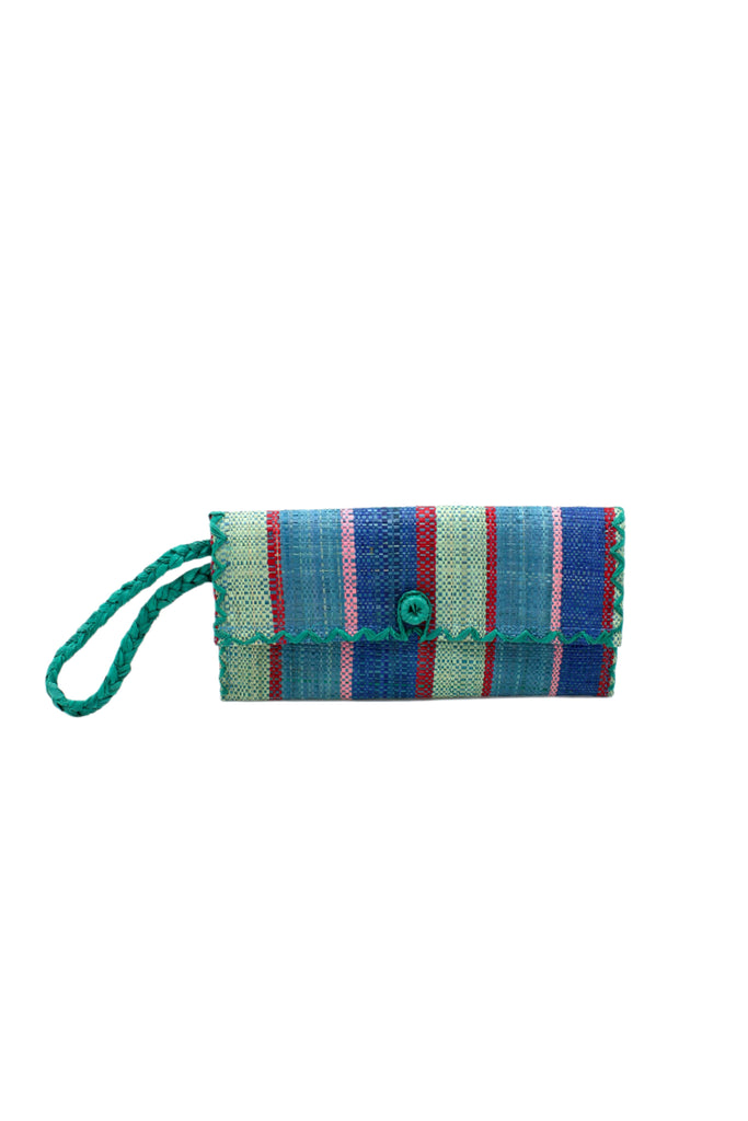 ChiChi Teal Swirl Multicolor Straw Clutch Bag handmade loomed raffia palm fiber wristlet in multi-width bands of teal dark/blue/green, seafoam light/blue/green, navy dark blue, red, and fuchsia pink that create a vertical stripe pattern with teal color cross stitch edging, button & loop closure, and braided wrist strap - Shebobo