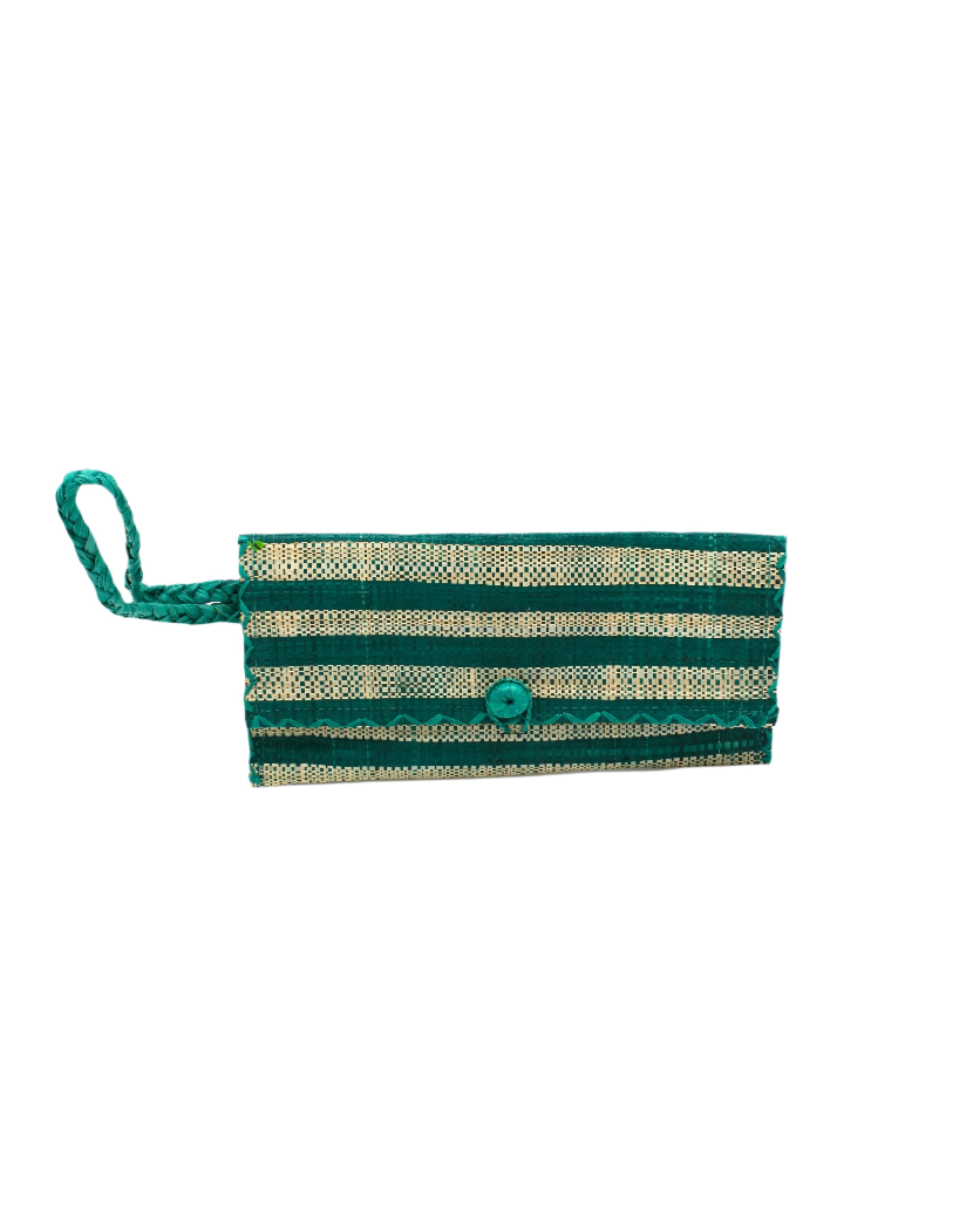 ChiChi Teal Two Tone Stripe Multicolor Straw Clutch Bag handmade loomed raffia palm fiber wristlet in even-width bands of teal dark/blue/green and natural straw color that create a horizontal stripe pattern with matching color cross stitch edging, button & loop closure, and braided wrist strap - Shebobo