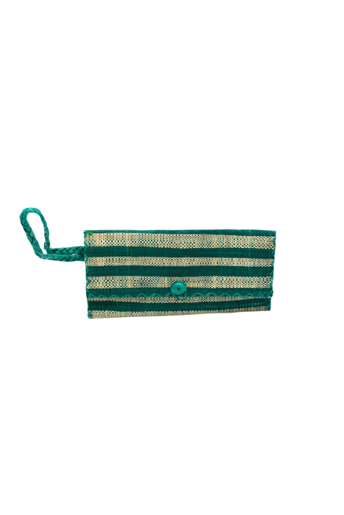 ChiChi Teal Two Tone Stripe Multicolor Straw Clutch Bag handmade loomed raffia palm fiber wristlet in even-width bands of teal dark/blue/green and natural straw color that create a horizontal stripe pattern with matching color cross stitch edging, button & loop closure, and braided wrist strap - Shebobo