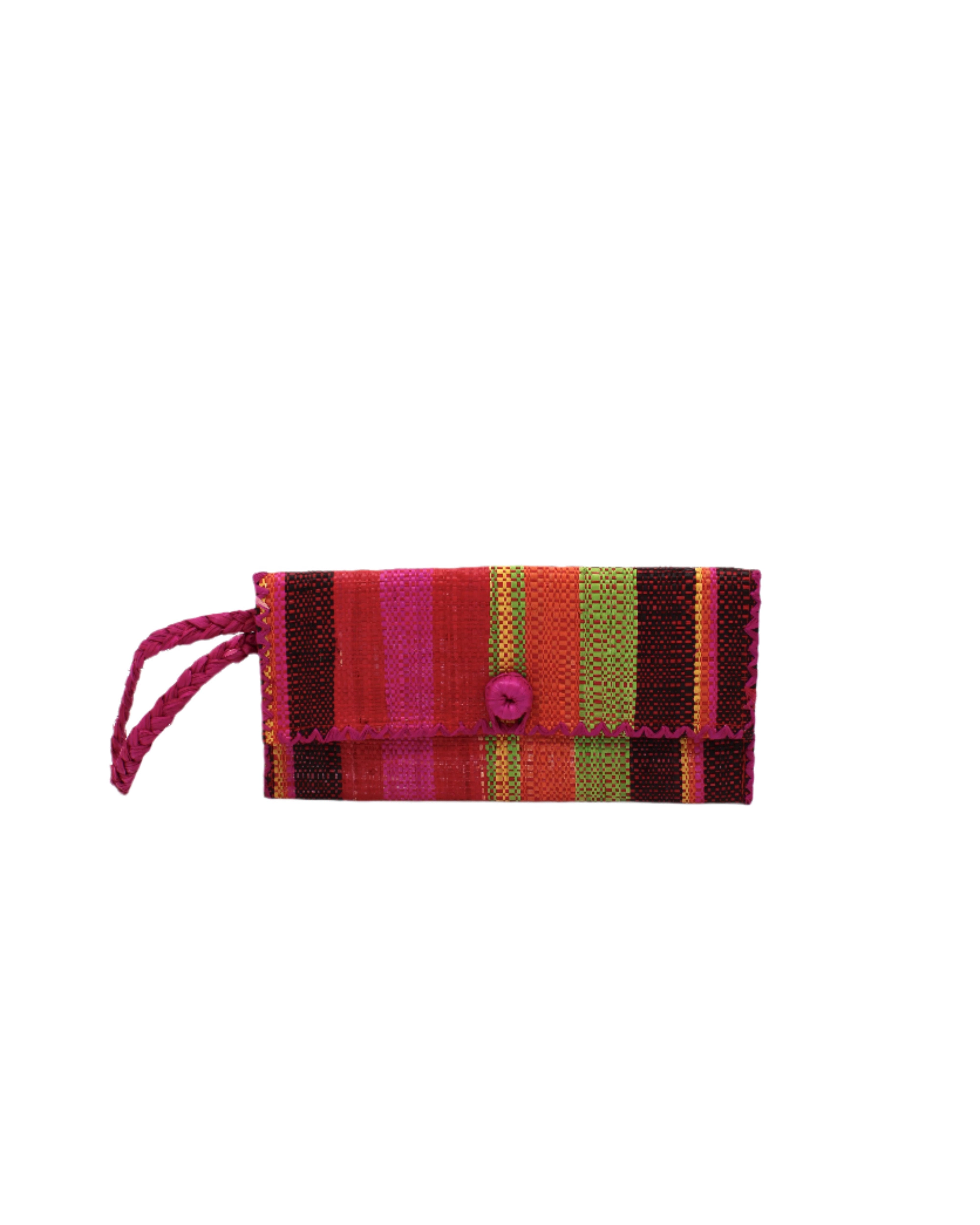 ChiChi Watermelon Swirl Multicolor Straw Clutch Bag handmade loomed raffia palm fiber wristlet in multi-width bands of black, yellow, lime green, red, orange, and fuchsia pink that create a vertical stripe pattern with fuchsia color cross stitch edging, button & loop closure, and braided wrist strap - Shebobo