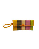ChiChi Lemonade Swirl Multicolor Straw Clutch Bag handmade loomed raffia palm fiber wristlet in multi-width bands of saffron yellow/orange, black, midori lime/bright/neon/green, wisteria lilac/light/purple/pink, and natural straw color that create a vertical stripe pattern with teal color cross stitch edging, button & loop closure, and braided wrist strap - Shebobo