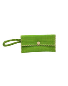 ChiChi Midori Straw Clutch Bag handmade loomed raffia palm fiber wristlet in midori lime/bright/neon/green color with natural straw color cross stitch edging, button & loop closure, and braided wrist strap - Shebobo