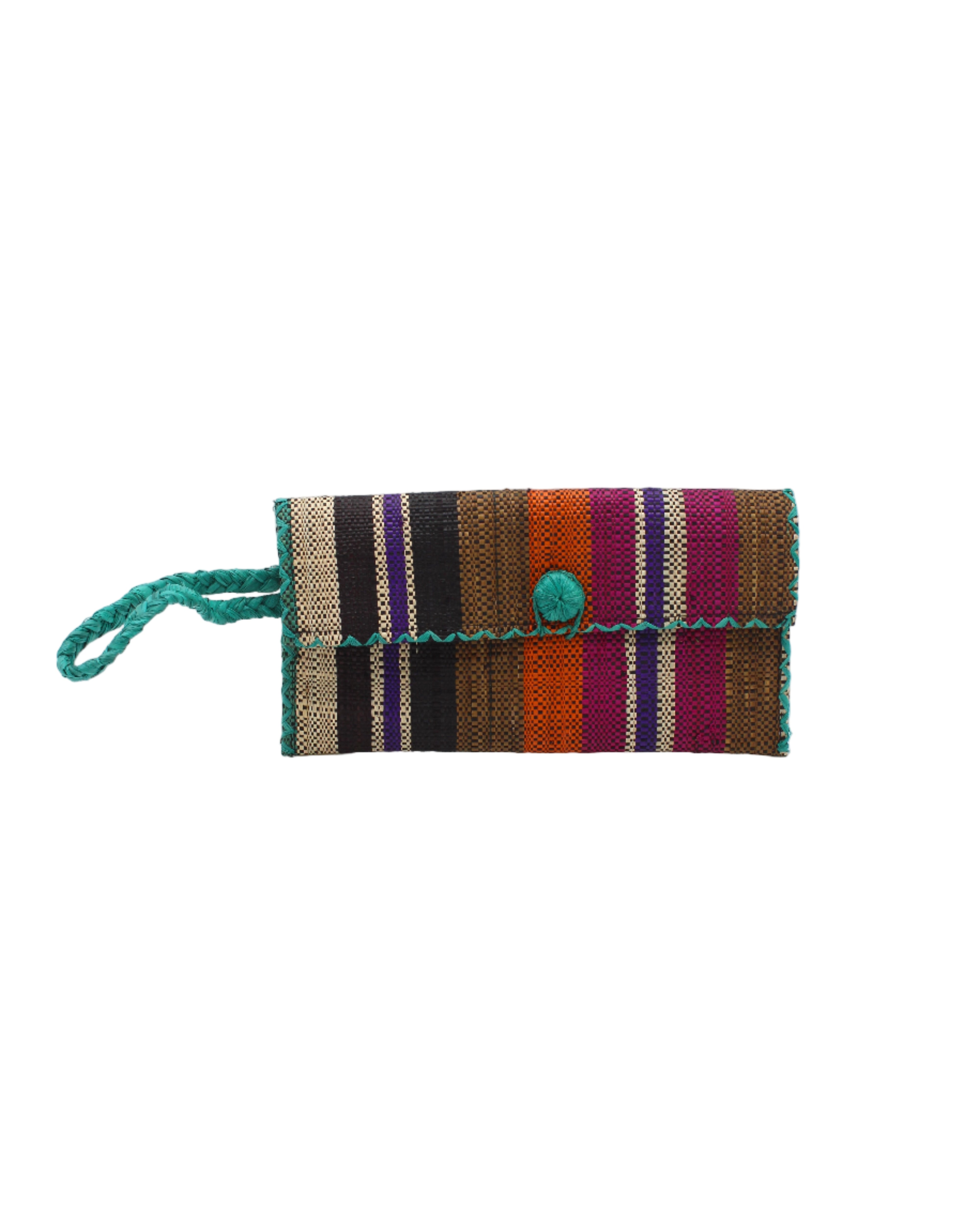 ChiChi Revel Swirl Multicolor Straw Clutch Bag handmade loomed raffia palm fiber wristlet in multi-width bands of teal dark/blue/green, fuchsia hot/bright/barbie/pink, deep purple, black, coral orange/red, cinnamon tobacco/dark/brown, and natural straw color that create a vertical stripe pattern with teal color cross stitch edging, button & loop closure, and braided wrist strap - Shebobo