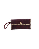 ChiChi Umberwine Straw Clutch Bag handmade loomed raffia palm fiber wristlet in umberwine bordeaux/claret/deep/dark/red/purple color with natural straw color cross stitch edging, button & loop closure, and braided wrist strap - Shebobo