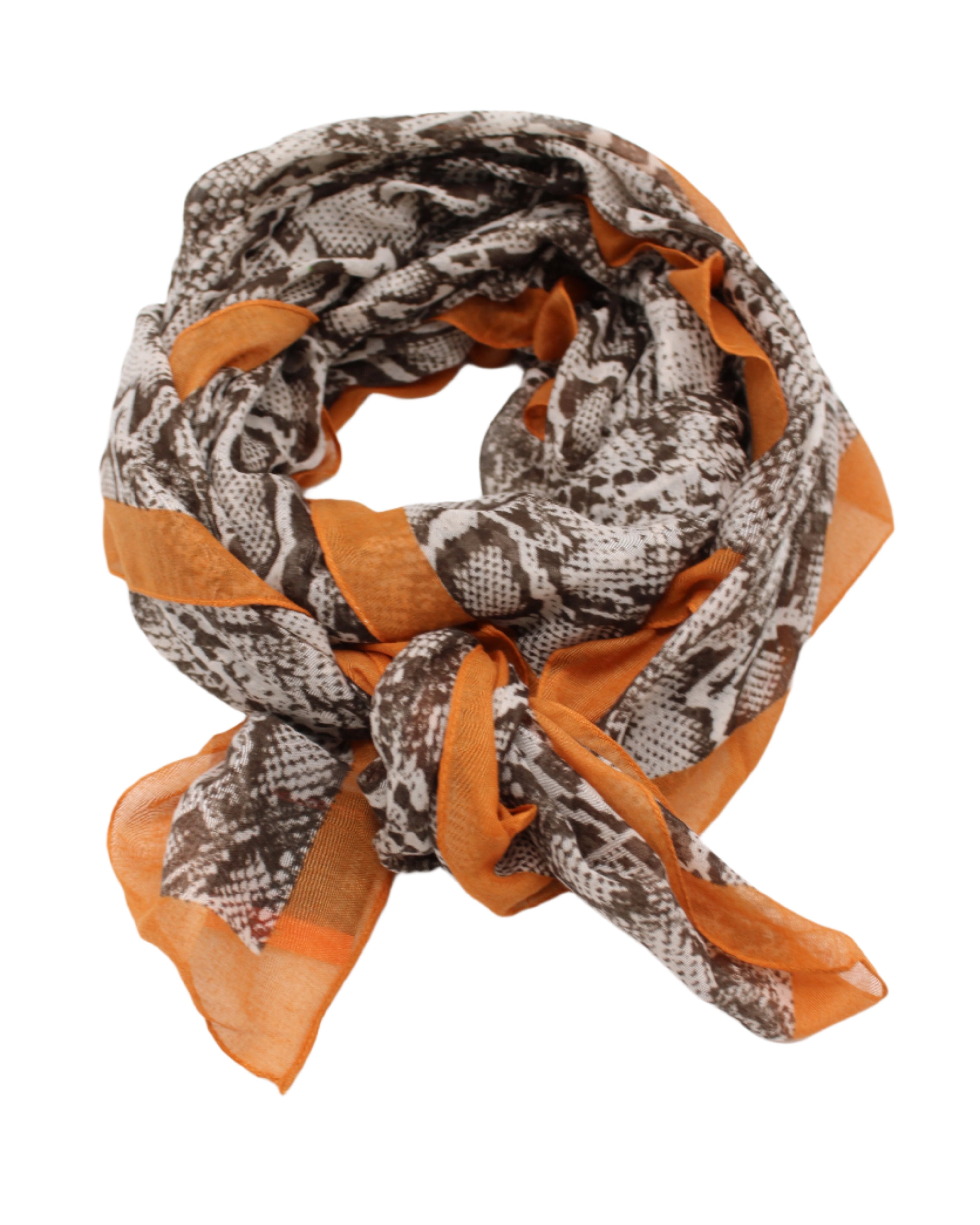 Cleo Snake Print Scarf Wrap Coral Orange, Black, and White Multicolor Snake Skin Patterned Scarf with colored edge - Shebobo