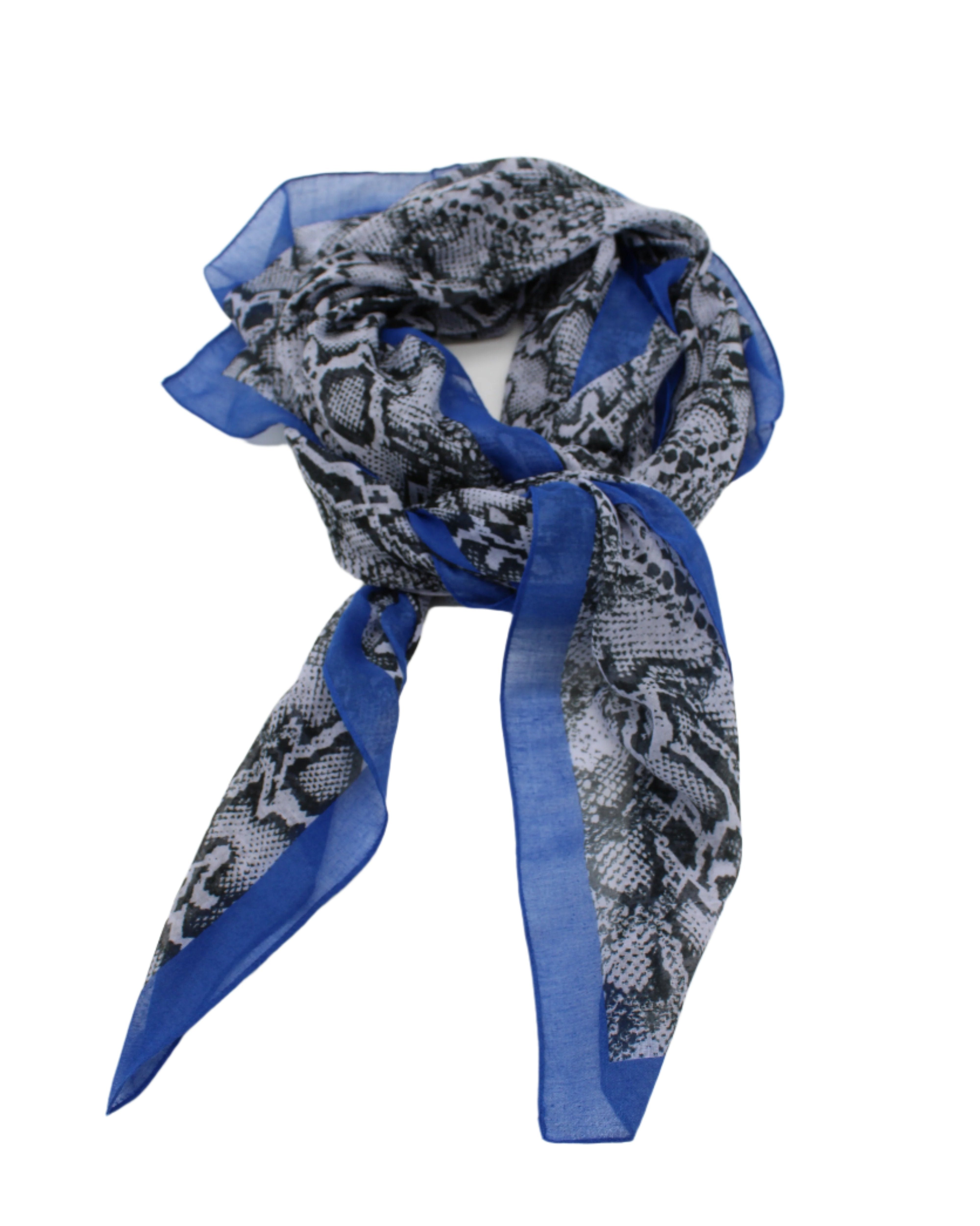 Cleo Snake Print Scarf Wrap Dusk Blue, Black, and White Multicolor Snake Skin Patterned Scarf with colored edge - Shebobo