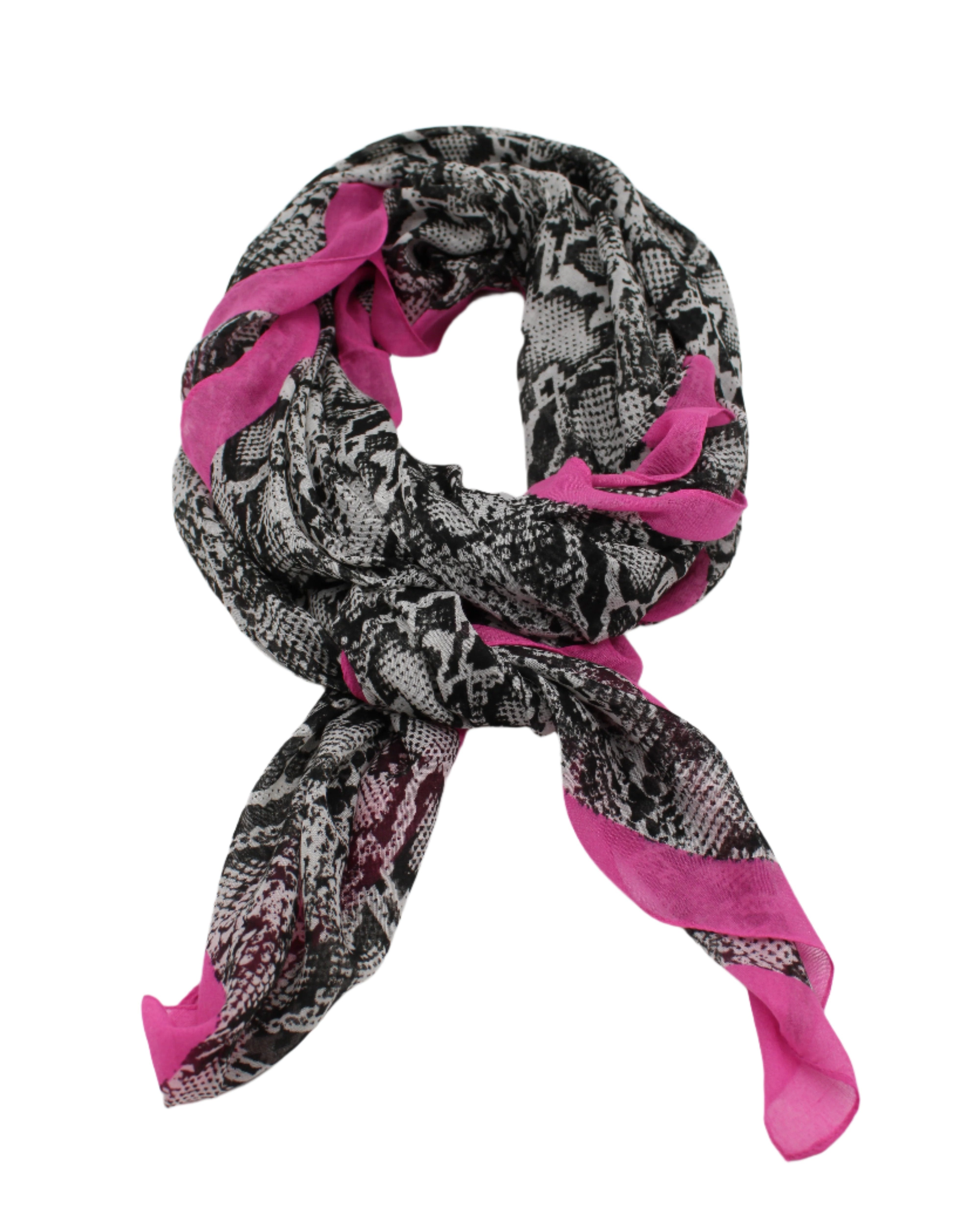 Cleo Snake Print Scarf Wrap Fuchsia Pink, Black, and White Multicolor Snake Skin Patterned Scarf with colored edge - Shebobo