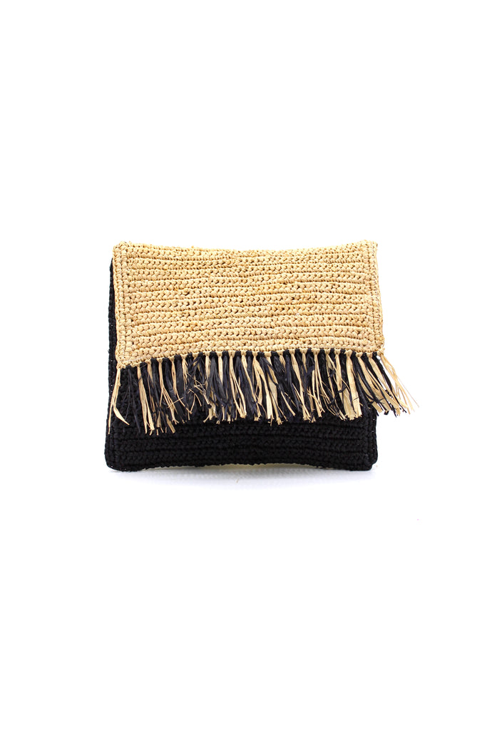 Coco Fringe Crochet Straw Clutch black and natural straw color two tone handmade purse with horizontal band of multicolor fringe - Shebobo