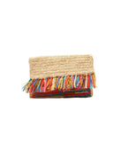 Coco Fringe Crochet Straw Clutch Confetti Multicolor - orange yellow, pink, brown, and blue - and natural straw color two tone handmade purse with horizontal band of multicolor fringe - Shebobo
