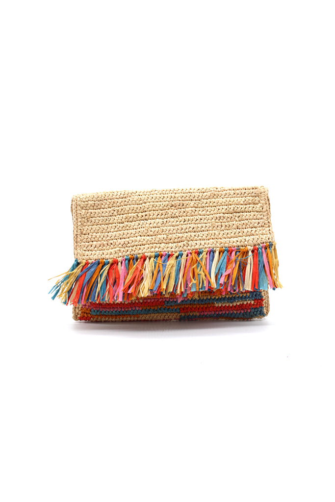 Coco Fringe Crochet Straw Clutch Confetti Multicolor - orange yellow, pink, brown, and blue - and natural straw color two tone handmade purse with horizontal band of multicolor fringe - Shebobo