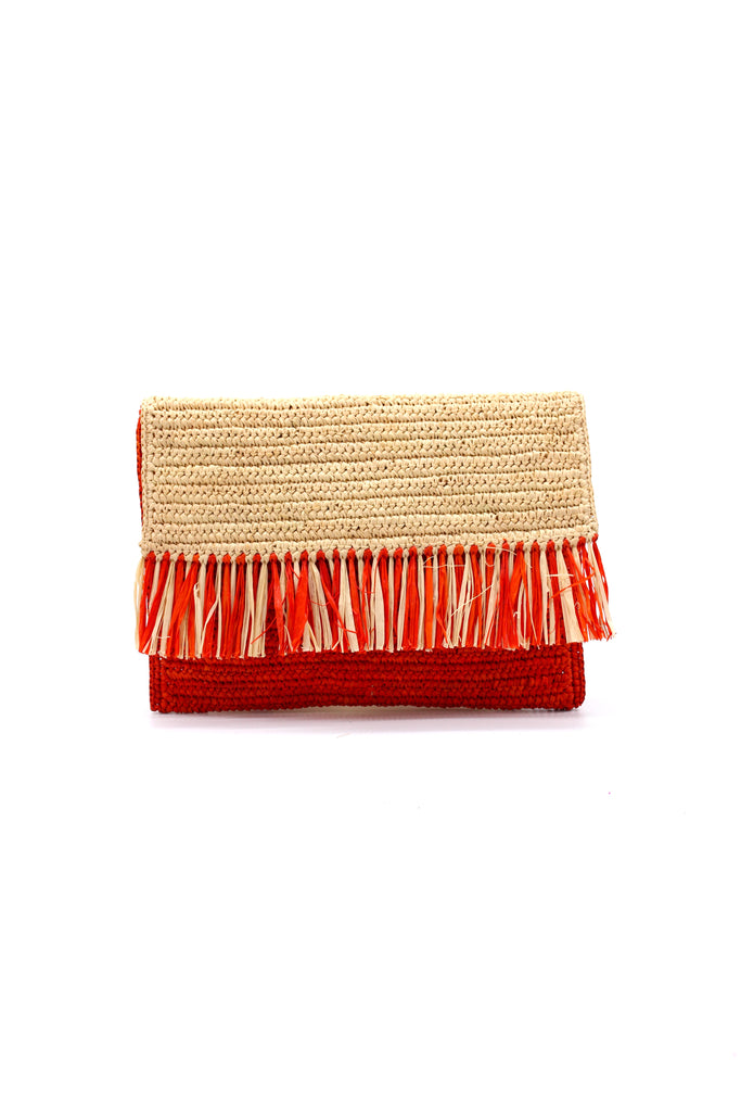 Coco Fringe Crochet Straw Clutch coral orange and natural straw color two tone handmade purse with horizontal band of multicolor fringe - Shebobo