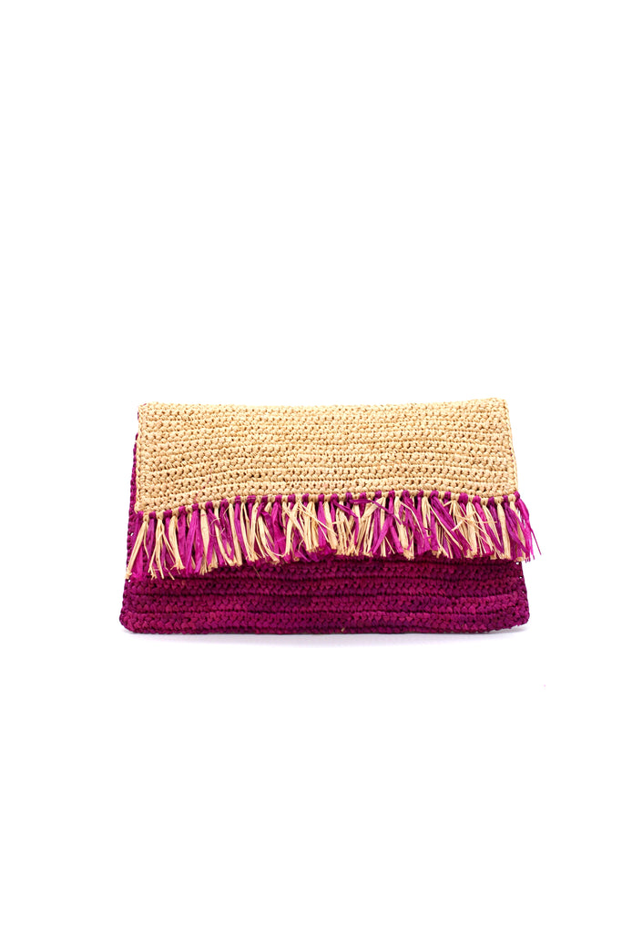 Coco Fringe Crochet Straw Clutch orchid pink/purple and natural straw color two tone handmade purse with horizontal band of multicolor fringe - Shebobo