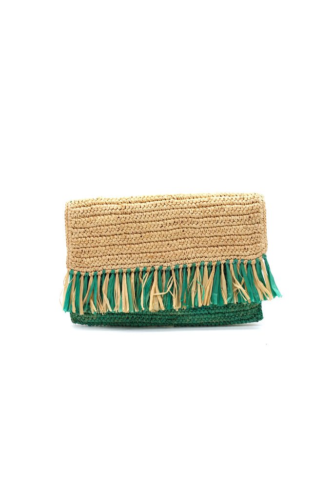 Coco Fringe Crochet Straw Clutch Seafoam blue and natural straw color two tone handmade purse with horizontal band of multicolor fringe - Shebobo