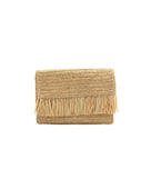 Coco Fringe Crochet Straw Clutch natural straw color handmade purse with horizontal band of raw fringe - Shebobo