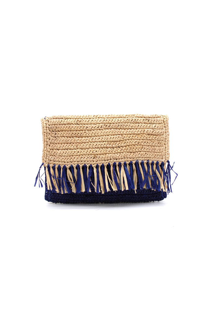 Coco Fringe Crochet Straw Clutch navy blue and natural straw color two tone handmade purse with horizontal band of multicolor fringe - Shebobo