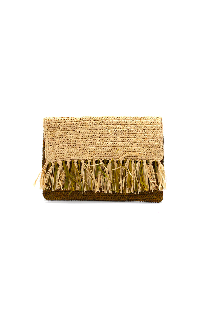 Coco Fringe olive green and natural straw color two tone crochet raffia clutch purse handbag - Shebobo